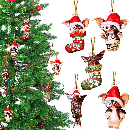 New Christmas Gremlins Ornament 2D Fairy Light Santa Hat Gizmo Figurine Hanging Pendant Decor Christmas Tree Party Decor