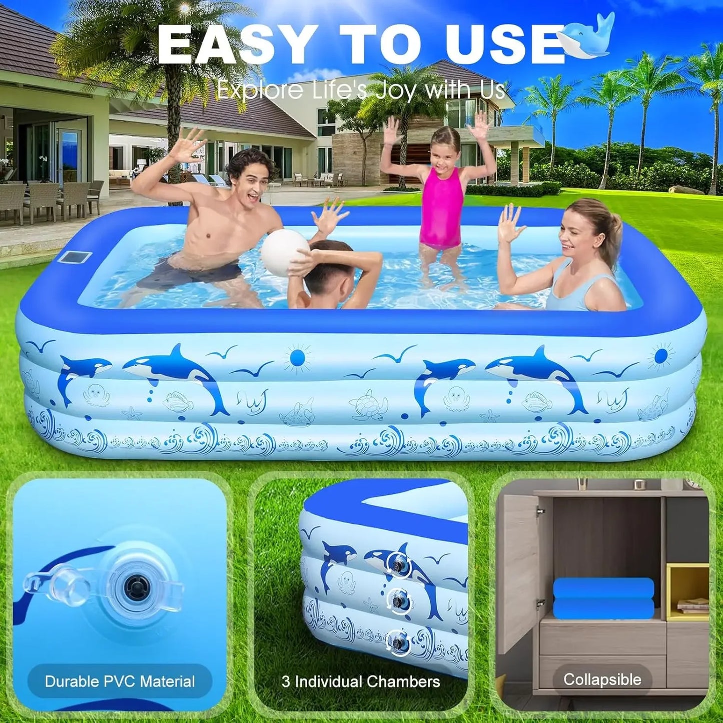 Inflatable Pool with Lights, Upgraded Family Inflatable Swimming Pool for Kids&Adults,Blowup Pool Solar Powered,Large Kiddie
