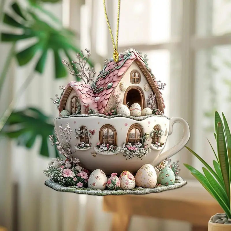 Easter Coffee Cup Ornaments Cartoon Bunny Egg House Coffee Mug Decorative 2D Acrylic Ornaments 2025 Spring Party Supplies