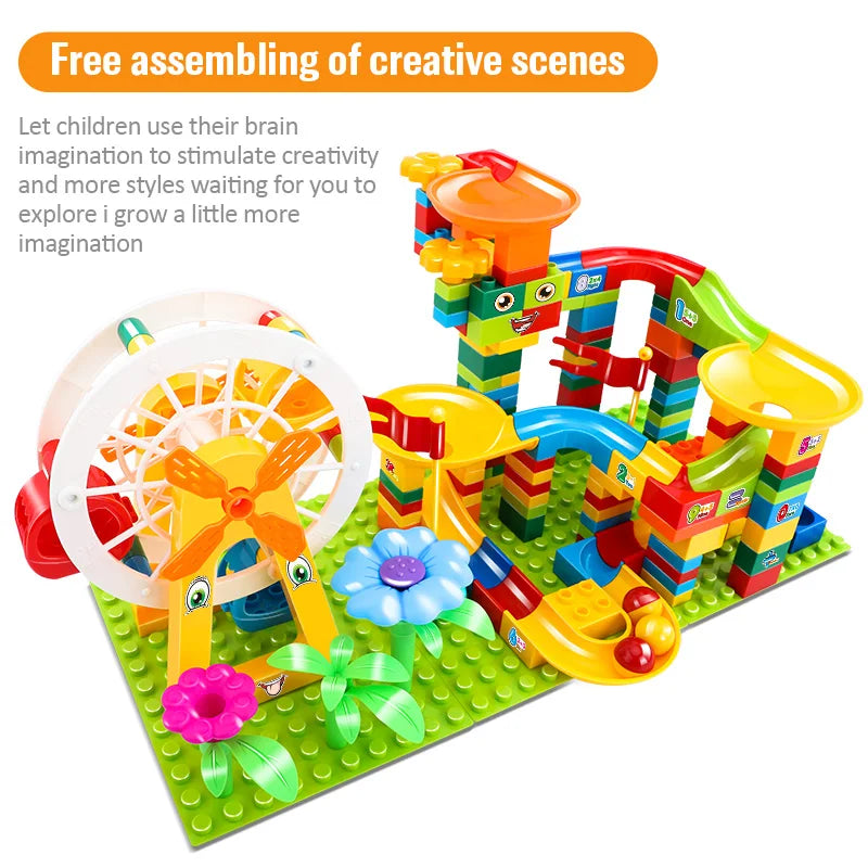 36-186PCS Big Size Marble Race Run Particle Scenes LED Light Slide Funnel Ferris Wheel Building Blocks City Brick Toy For Kids
