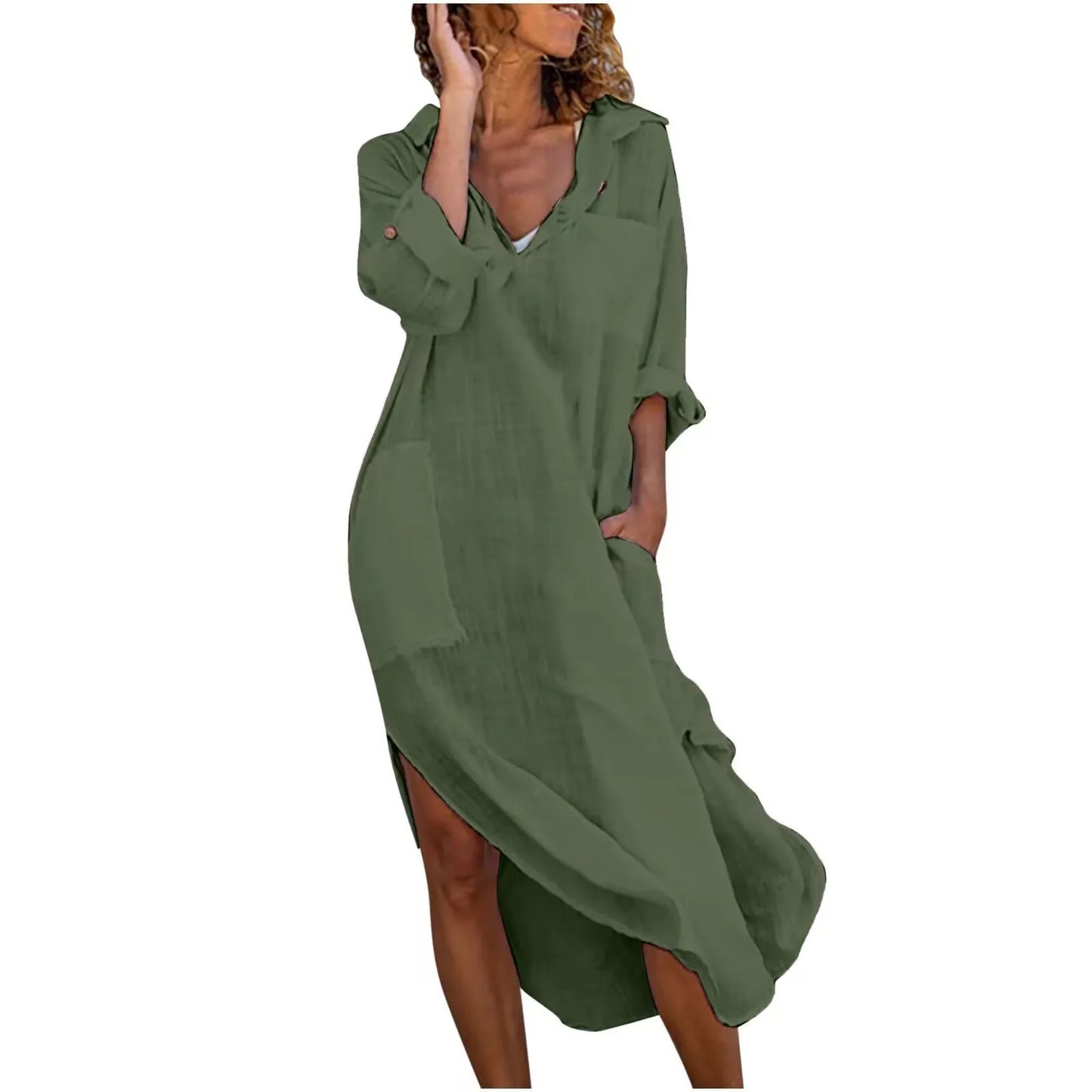 Spring/Summer Women's Fashion Solid Color Button Split Loose Shirt Dress Casual Long Sleeved Polo Collar Cotton Lined Dresses