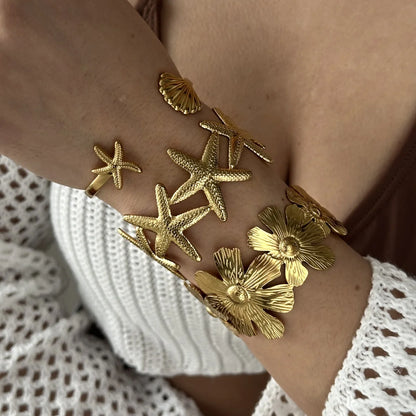 Exaggerated Metal Shell Starfish Flower Bangles Bracelets For Women Men Stainless Steel Fish Bow Heart Open Cuff Bangle Jewelry