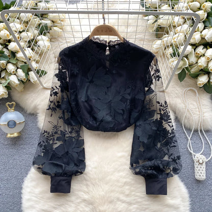 Vintage Blouse for Women Hollow Lace Sheer Long Lantern Sleeve Stand Collar Skinny Blouses Versatile Female Tops Dropshipping