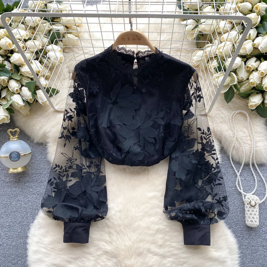 Vintage Blouse for Women Hollow Lace Sheer Long Lantern Sleeve Stand Collar Skinny Blouses Versatile Female Tops Dropshipping