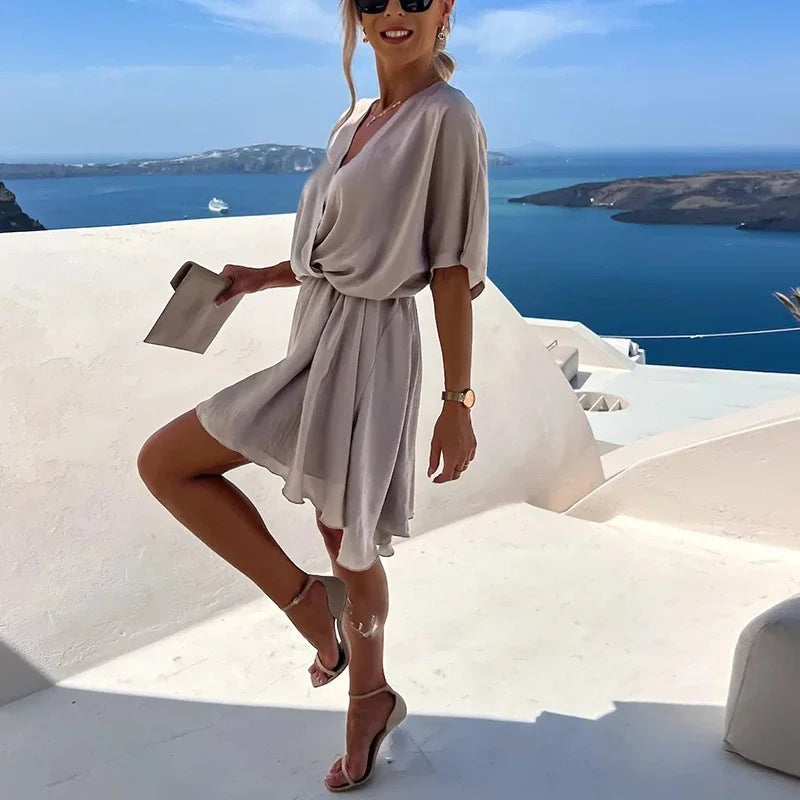 Sexy V Neck Dresses For Women Elegant Short Sleeve Solid A-line Loose Mini Dress Women Casual Beach Party Dress Boho 2022
