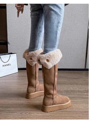 Turned-over Edge Knee-high Snow Boots Flat with Slip-on Ladies Shoes 2024 High Quality Round Toe Mid Heel Concise Women's Boots