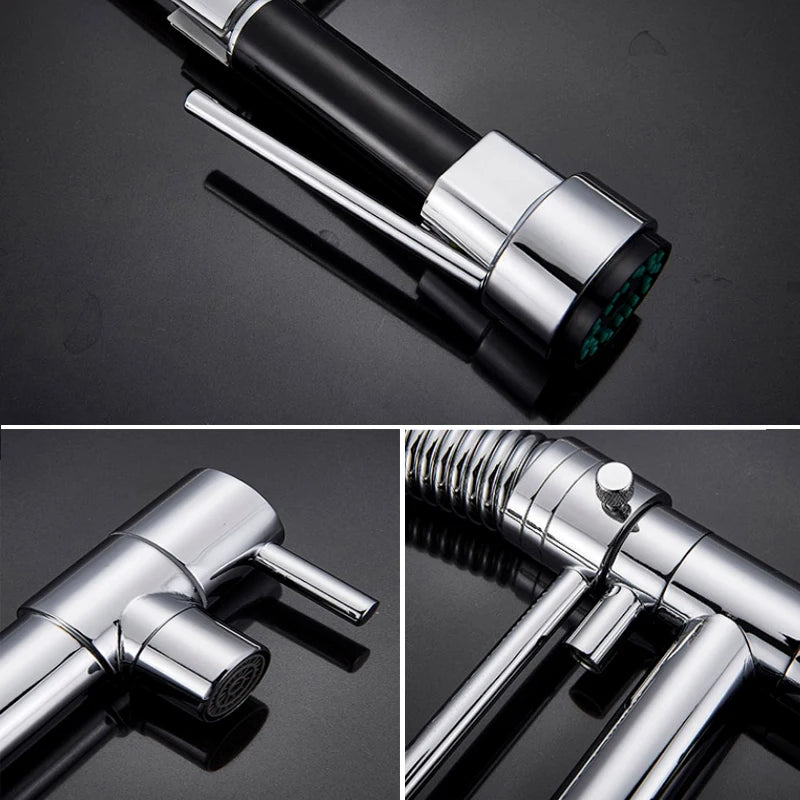 Wall Mounted Spring Kitchen Faucet Chrome Black Pull Down Sink Faucets Single Cold Water Dual Spouts Mixer 360 Rotation Crane
