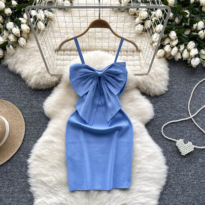 2024 Sexy Backless Lace Solid Knitted Bow Summer Dress Women Black Mini Party Dress Bodycon Sheath night Club Outfits