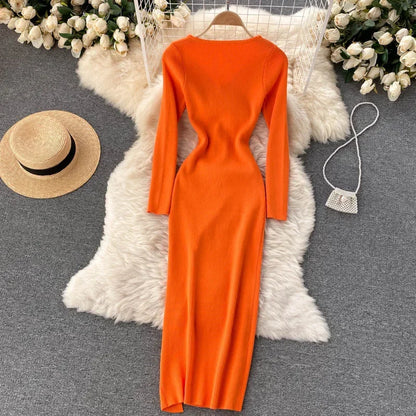 Autumn Winter Sexy High Split Sweater Dress Women Full Sleeve Basic Slim Elastic Bodycon Long Dress Party Vestidos