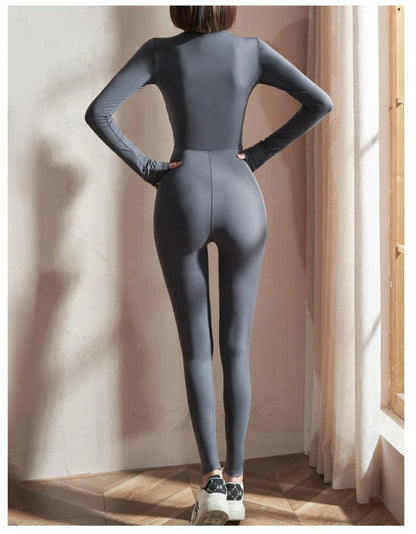 Womens Jumpsuits Long Sleeve Yoga Slim Fit Stretch One Piece Romper Sexy Fitness Female Basic Sportwears Tight Zipper