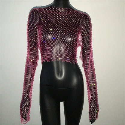 Autumn Women Sexy See Through Fishnet T Shirt Glitter Rhinestone Hollow Mesh Long Sleeve Crop Tops Nightclub Party Festival Top