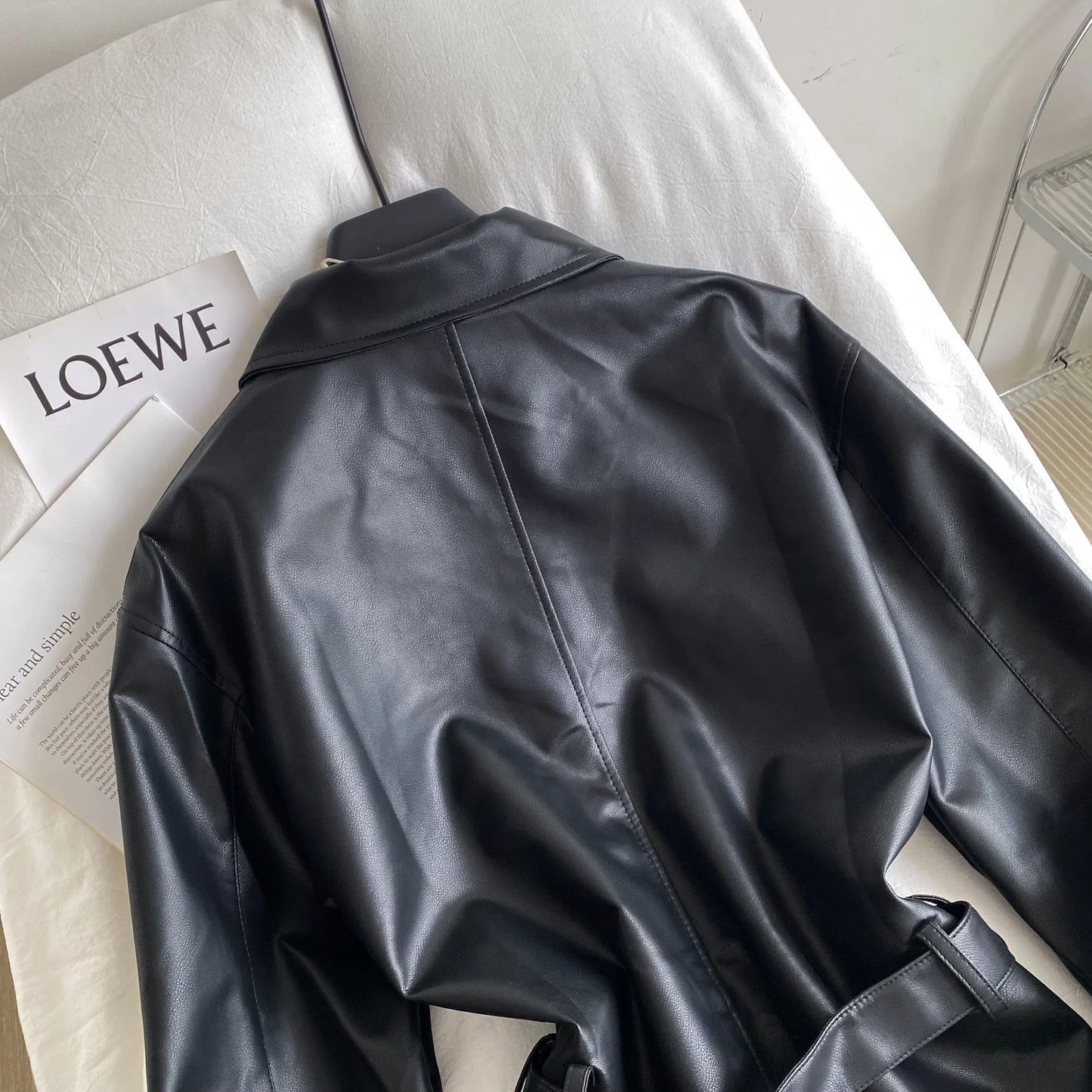 Fashion Tied Waist Long Sleeved Jacket for Women Autumn 2025 Casual Pocket Leather Jackets