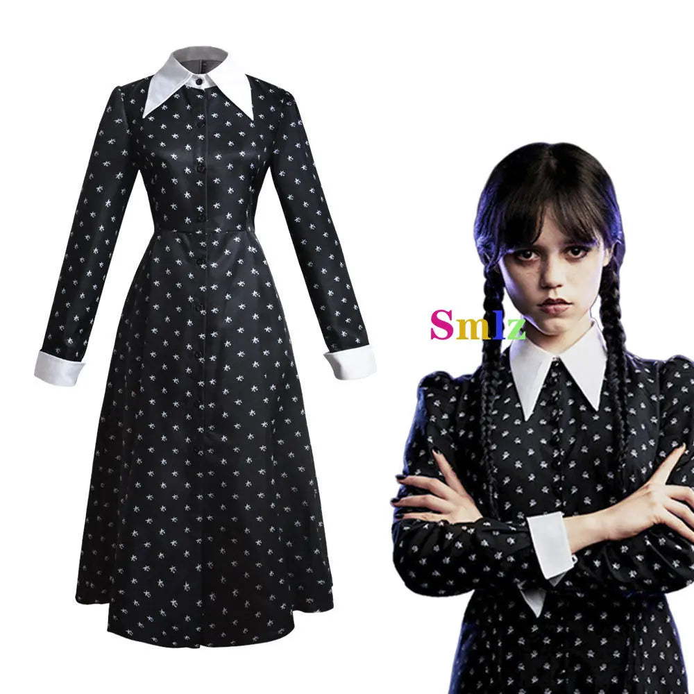 Wednesday Addams cosplay dress for women black long sleeve dress with white pointed collar and cuffs patterned fabric modeled