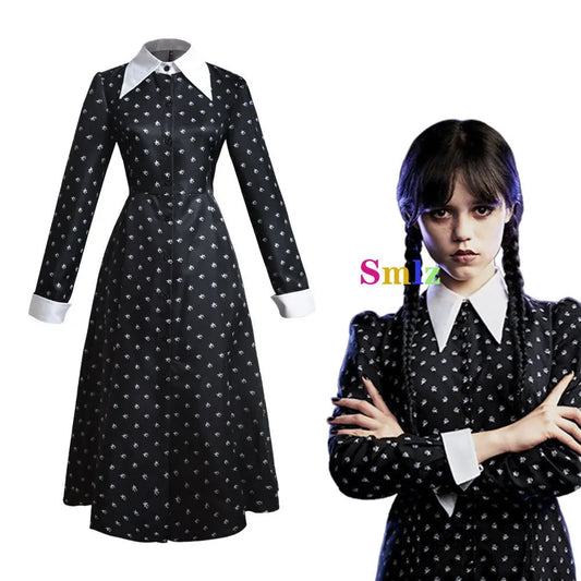 Wednesday Addams cosplay dress for women black long sleeve dress with white pointed collar and cuffs patterned fabric modeled