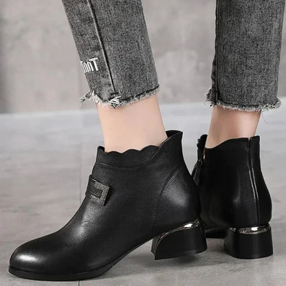 2025 Fashion Genuine Leather Ankle Boots Women Thick Heels Zipper Pointed Toe Autumn Winter Woman Shoes Soft Sole Short Boots