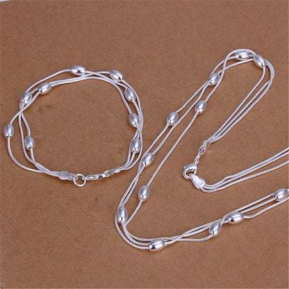 Hot charm 925 sterling silver Fringed oval beads Chain Bracelets necklace Jewelry set for women Fashion Party Christmas Gifts