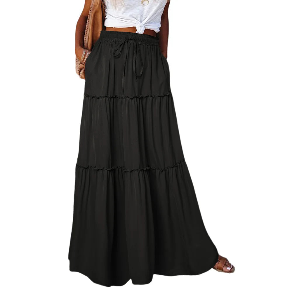 Women's Spring  Autumn New Long Skirt Solid Color Fashionable Mushroom Layered Skirt High Waist Elastic Ruffle Skirt