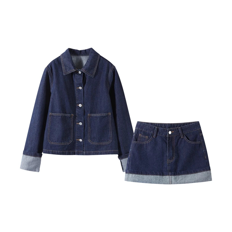 Denim Skirt Women Set Casual Long Sleeve Lapel Pocket Button Jacket Pleated Min Skirts 2025 Spring Summer Lady Suit