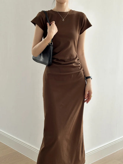 Slim Fit T-irt Dr Women's Spring Summer ort Sve Pleated Waist Cinching A-Line Midi Dr Small Stature 50