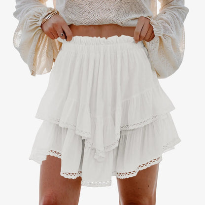 Women Flowy Ruffled Layered Shorts Elastic High Waist Pleated Mini Skirt Bohemian Crochet Skirt