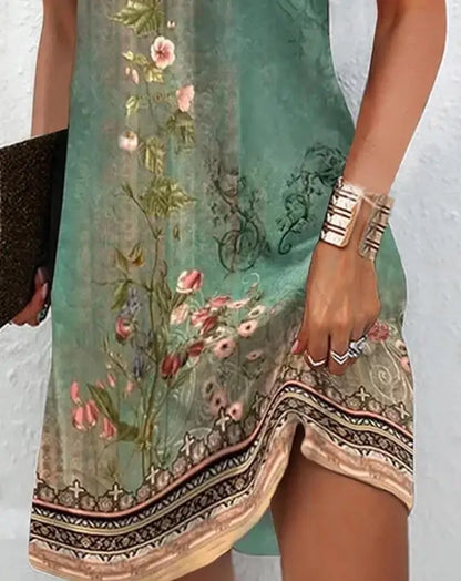 Women's Dresses 2023 Summer Fashion Tribal Floral Print Notch Neck Casual Sleeveless Daily Mini A Line Dress Y2K Clothes