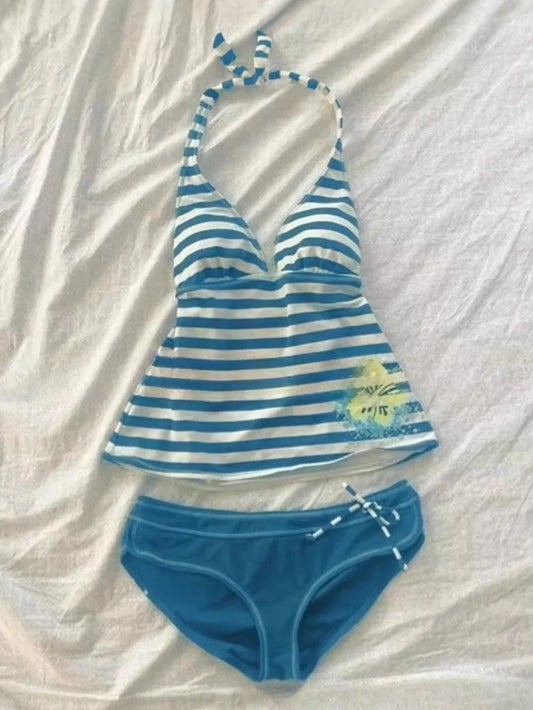 2026 new summer Y2K sexy hanging neck, backless slim fit striped set, beach vacation party, spicy girl, fashion trend suit