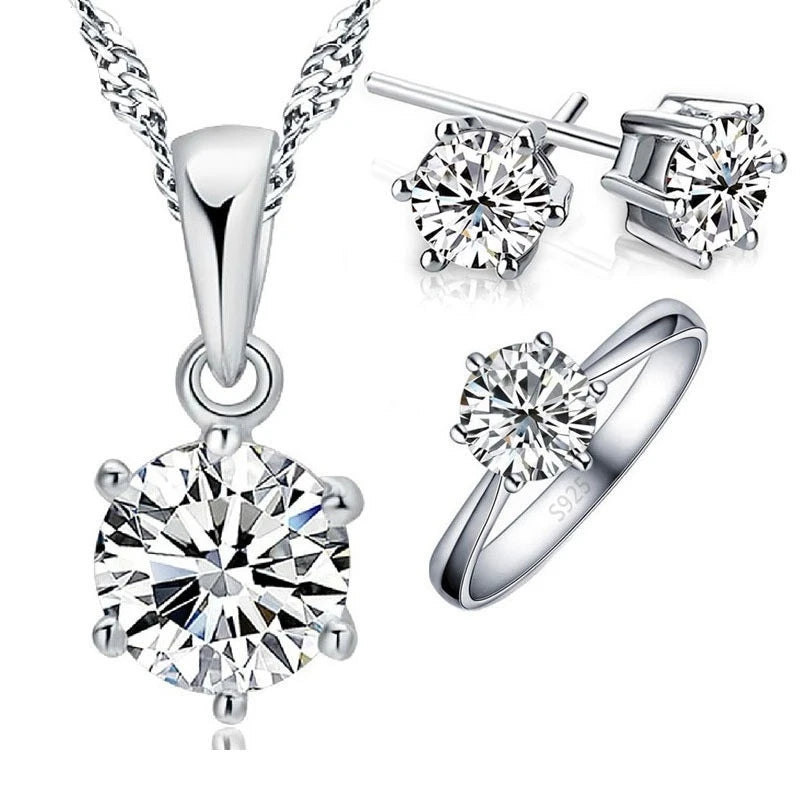 Hot Sale Woman Birthday Gift Wedding Jewelry Set 925 Sterling Silver Color Shiny Crystal Necklace Earring Ring Sets for Wedding