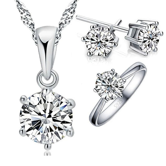 Hot Sale Woman Birthday Gift Wedding Jewelry Set 925 Sterling Silver Color Shiny Crystal Necklace Earring Ring Sets for Wedding