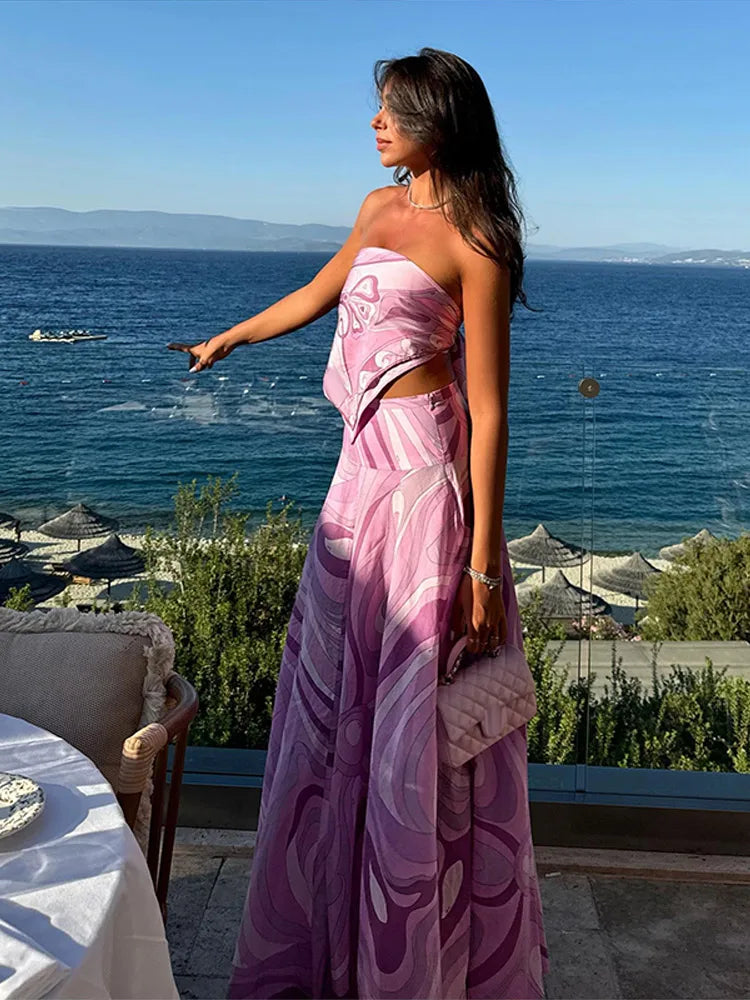 Geometric Print Cape Women's Set Loose Batwing Sleeve Top Flowy Maxi Skirt 2025 Summer Elegant Suit Holiday Fashion Lady Sets