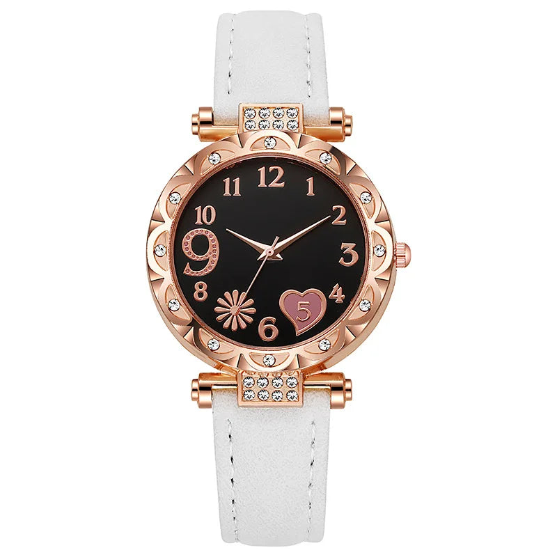 2/1PCS Fashion Heart Dial Women's Watches Luxury Leather Band Quartz Watch Rhinestone Bracelet Set Female Relogio Feminino