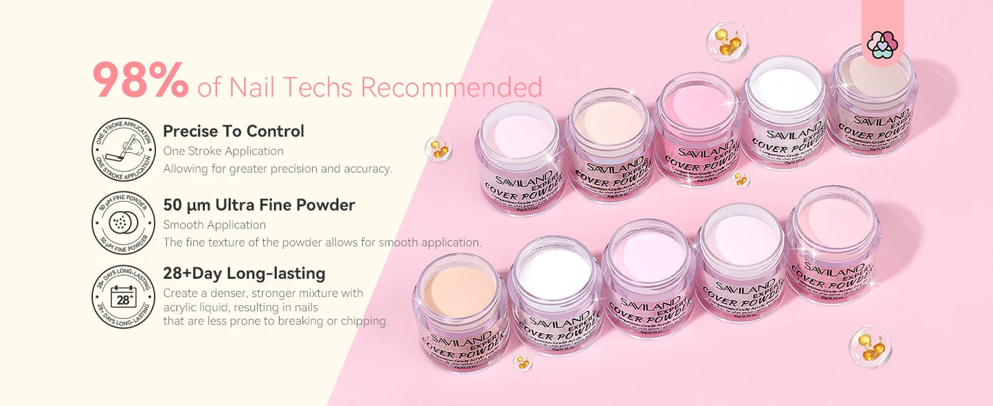 Saviland Professional Acrylic Powder Set 10g x 10 Clear Nudes Pink Ultra Fine Keratin Formula Quick Dry for Salon Nail Art