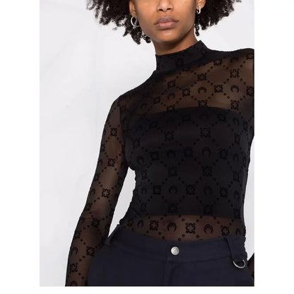 Spring Fashion Sexy Perspective Women's Pullover Mesh T-Shirt New Semi High Neck Long Sleeved Slim Fit Elastic Women T-Shirt