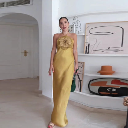 Elegant Party Women's Dress 3D Flower Halter Sleeveless Backless Mermaid Satin Female Dresses 2025 Summer Chic Evening Lady Robe