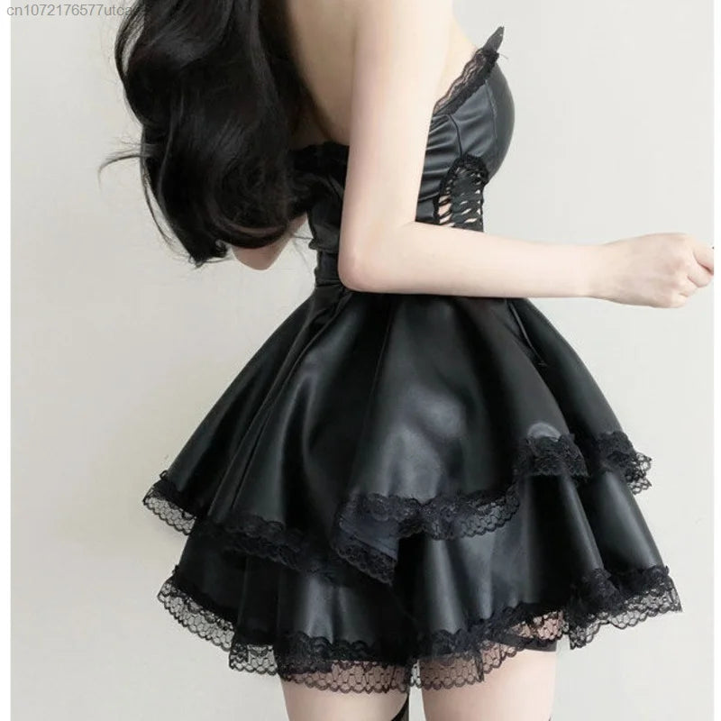 EtherealBe gothic black party dress for women with lace trim and layered skirt design
