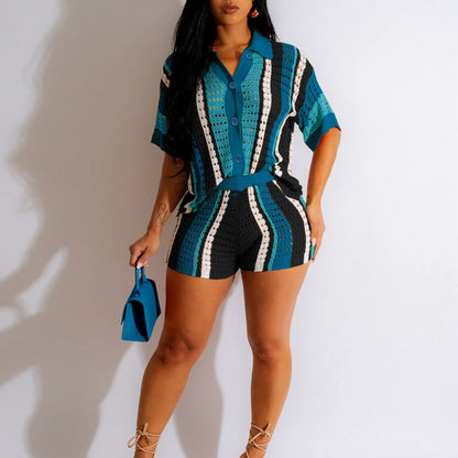 Women Summer Beach Vacation Two 2 Piece Outfits Crochet Sets Causal Knit Short Sleeve Button Down Shirt And Shorts Matching Set