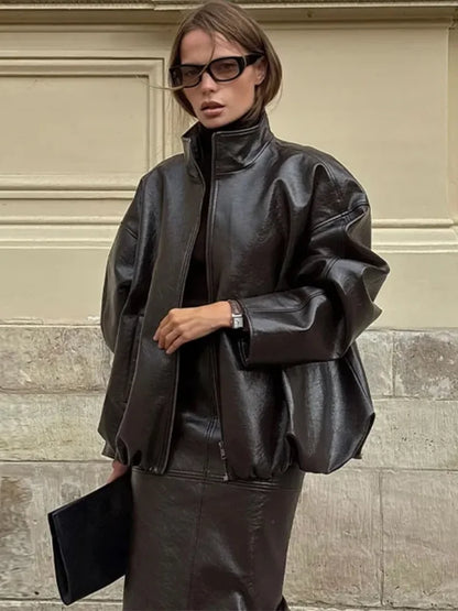 Leather Fashion Jacket Skirt Sets Women Zipper Loose Street Stand Collar Coats Straight Midi Skirts Suits 2025 Autumn Party Chic