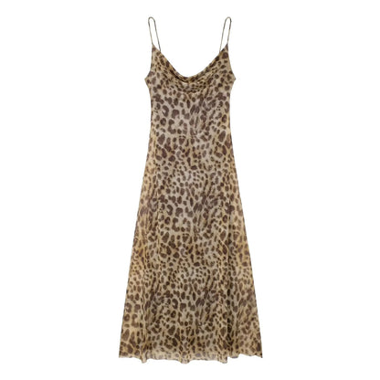 TRAFZA Vintage Leopard Print Chiffon Sexy Cami Dress Women V Neck Sleeveless Party Dress Fashion 2024 Summer Streetwear Dress