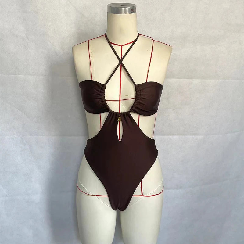 BEACHCICI Women's Bikini One Piece Summer Sexy Solid Cross Halterneck Cutout Slim Backless Tie up Beach Holiday Swimsuit