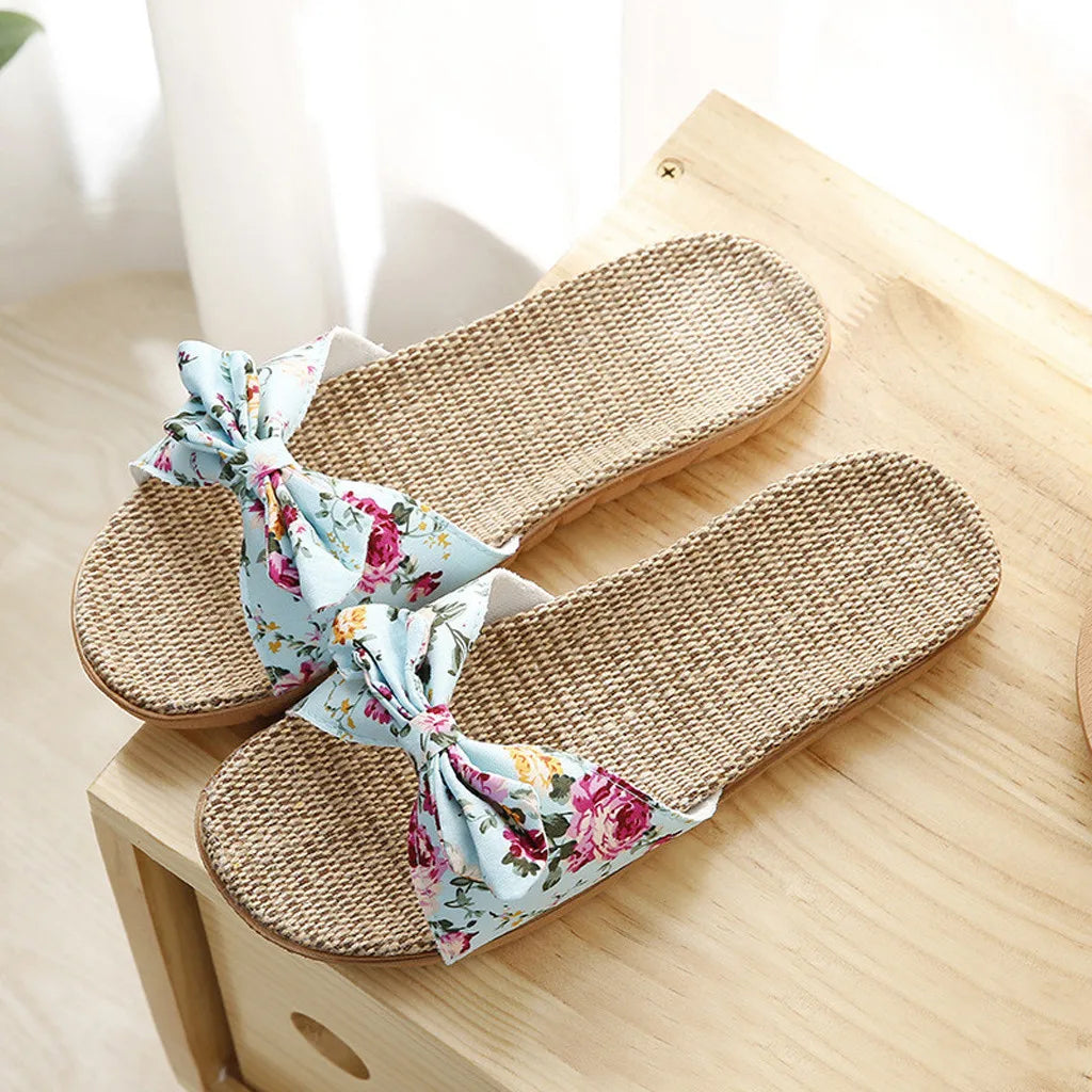 Women Summer Casual Slides Comfortable Flax Slippers Floral Bow Linen Flip Flops Platform Sandals Ladies Indoor Shoes