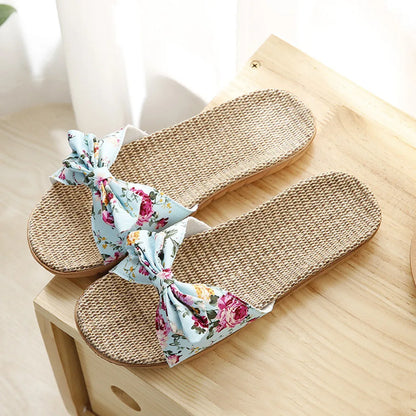 Women Summer Casual Slides Comfortable Flax Slippers Floral Bow Linen Flip Flops Platform Sandals Ladies Indoor Shoes