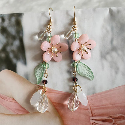 Spring Pink Flower Dangle Earrings for Women, Fairy Charms Floral Leaf Earrings Summer Holiday Pendants Earrings Jewelry Gifts