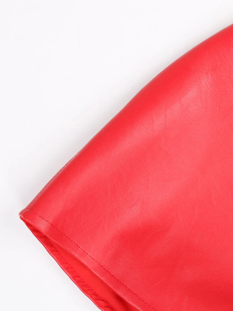 Nerazzurri Spring Short Red Faux Leather Vest Women Belt Runway Fashion Elegant Luxury Designer Clothes Sleeveless Jacket 2022