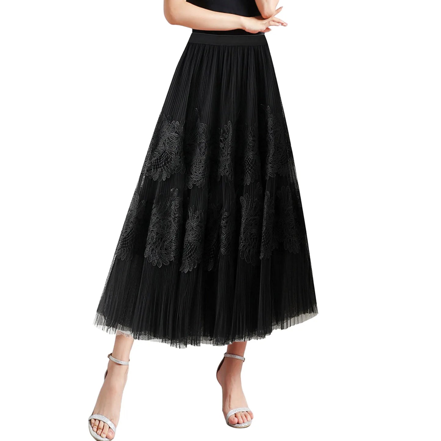 Women Mid Length Skirts Dance Party A Line High Waisted Lace Tulle Skirt Pleated Mesh Half Skirts Holiday Party Costumes