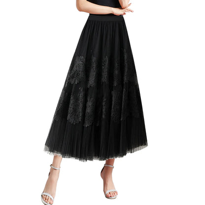 Women Mid Length Skirts Dance Party A Line High Waisted Lace Tulle Skirt Pleated Mesh Half Skirts Holiday Party Costumes