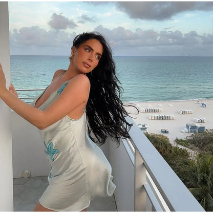 Prined Casual Women Star Mini Dress Fashion Sling Sleeveless Backless Pleat High Waist Robe 2025 New Female Beach Vacation Wear