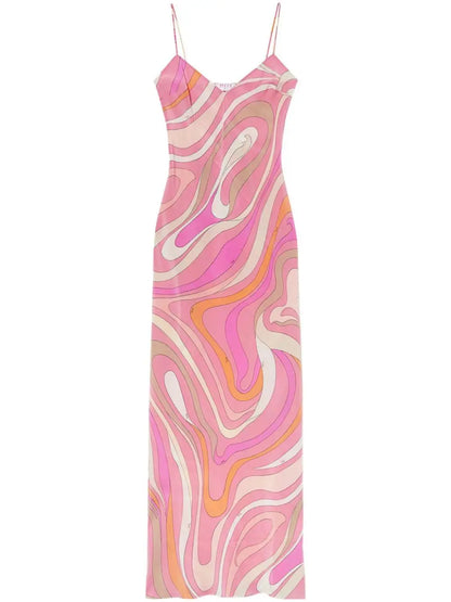 Chic Print Sling Long Dress Women Sleevless Backless Side Split Party Dresses 2025 Summer Street Beach Lady Ankle-length Robes