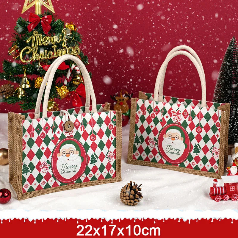 Christmas Tote Bag Santa Claus Prints Large Capacity Jute Handbag Female Eco-Friendly Shopping Christmas Gift Handbag New