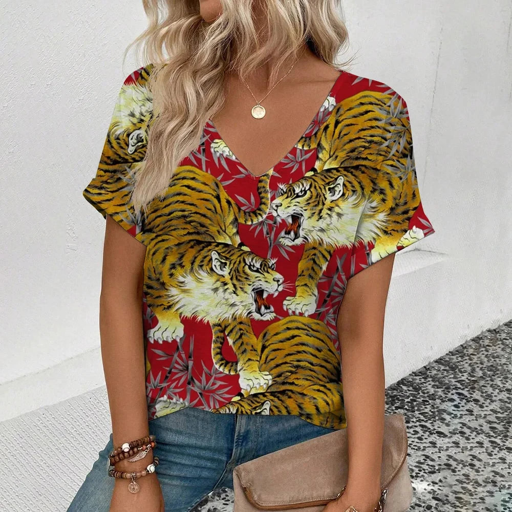 Summer clothing V-neck sexy leopard print T-shirt animal pattern women's shirt short sleeve street Korean style women's clothing