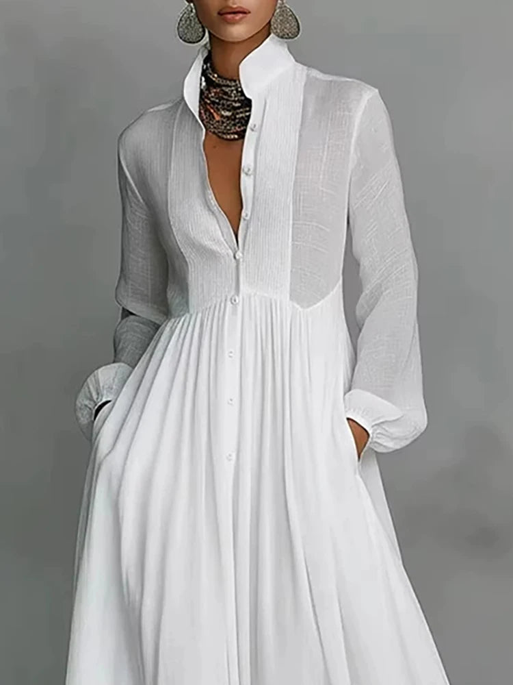 Spring Women's Standing Collar Long Sleeved Loose Dress White Button Pockets Holiday Robe Dress Fashion Pleated High Waist Dress