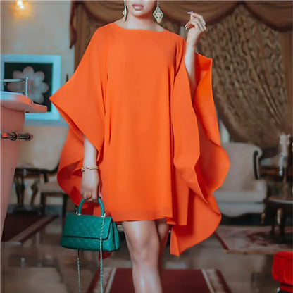 Lemongor 2024 New Elegant Batwing Sleeve Party Evening Orange Dress Summer Fashion Solid Color Round-neck Mini Dresses For Women